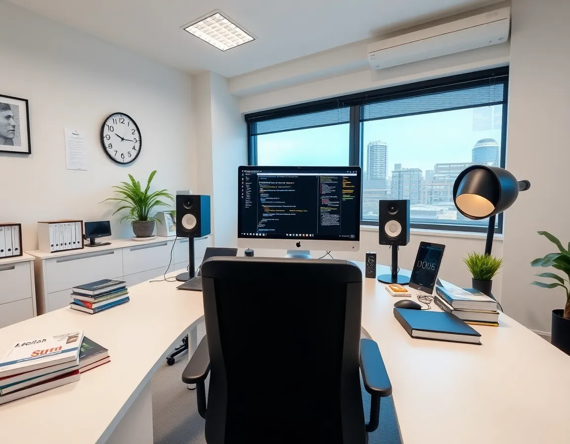 Oficina de desarrollo web profesional con equipo trabajando en proyectos