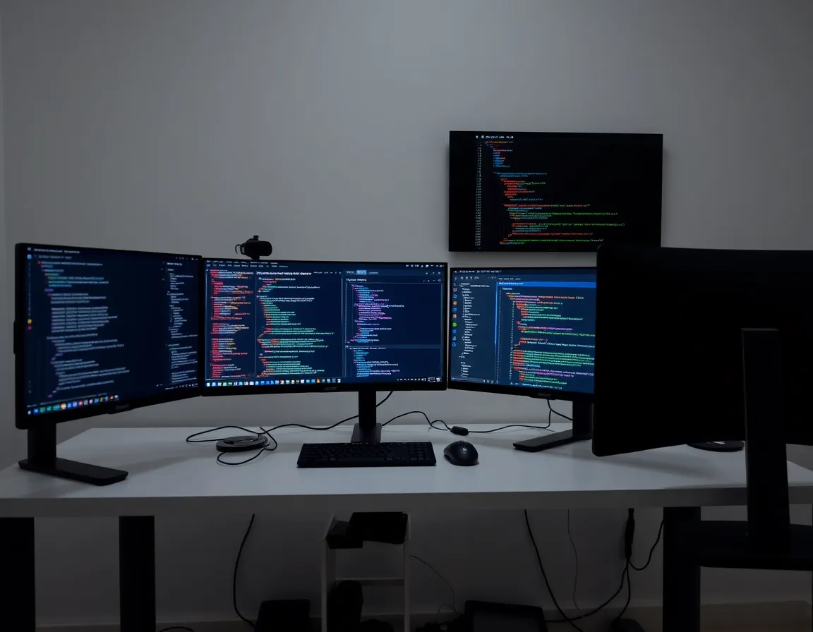 Espacio de trabajo de desarrollo web profesional con ordenadores y herramientas de desarrollo